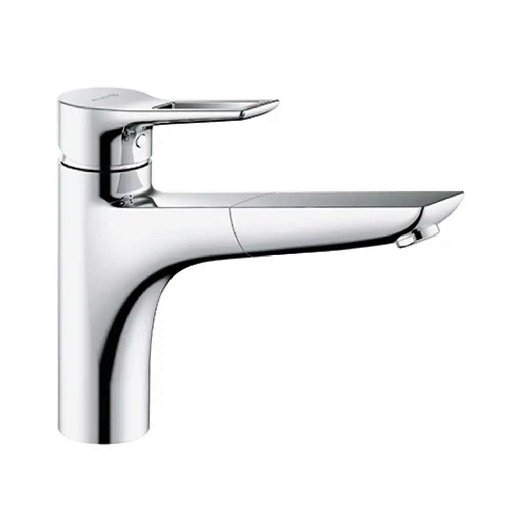 Kludi Wasserhahn mit Bügelhebel und herausziehbarem Auslauf in chrom glänzendem Finish, für die Montage an Spültischen geeignet.